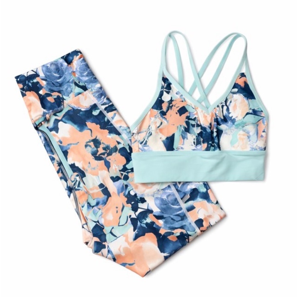 Fabletics: Marika Floral Sports Bra - Blue and Peach